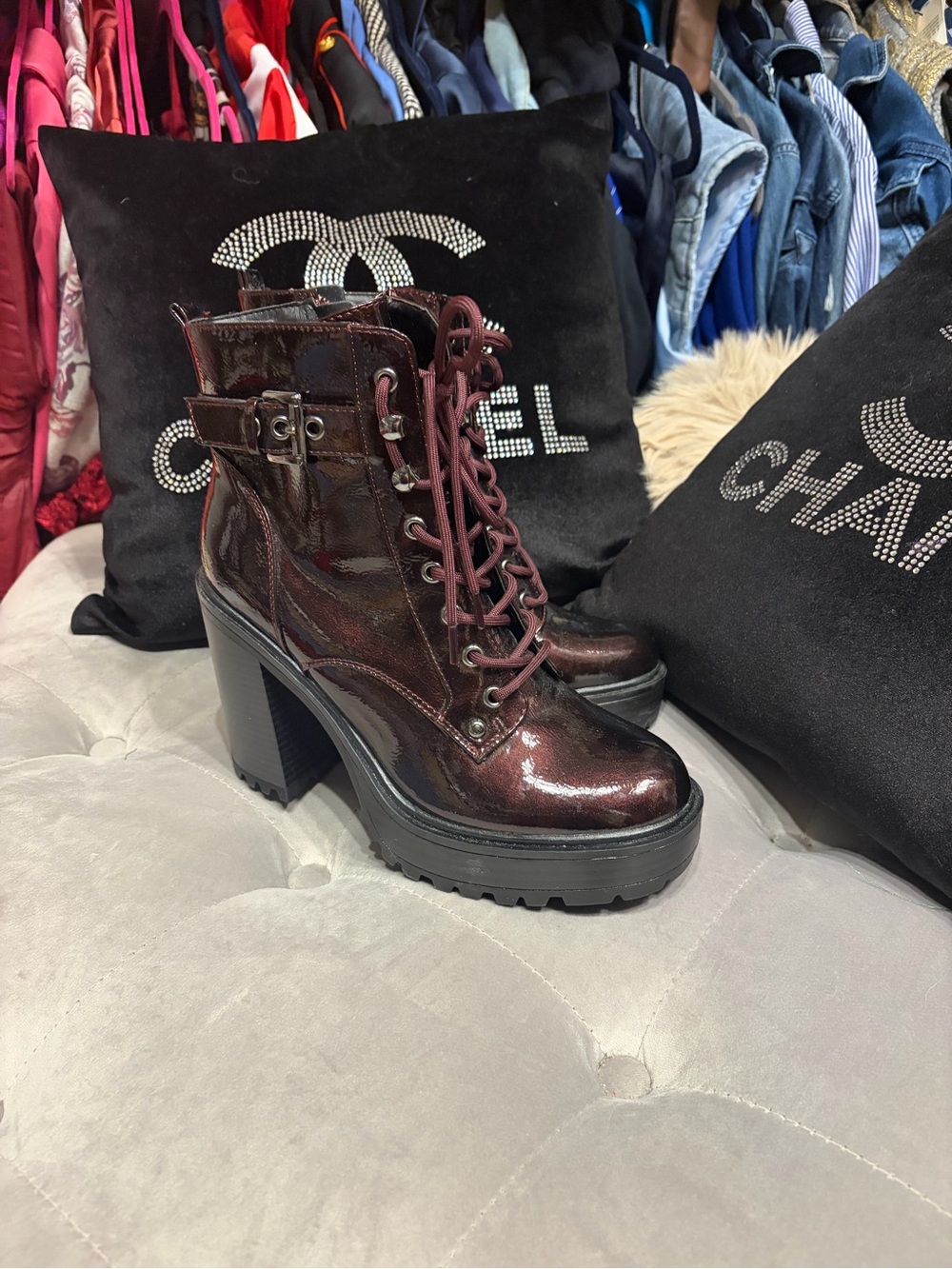 GBG Los Angeles Burgundy Patent Lace-Up Chunky Heel Boots